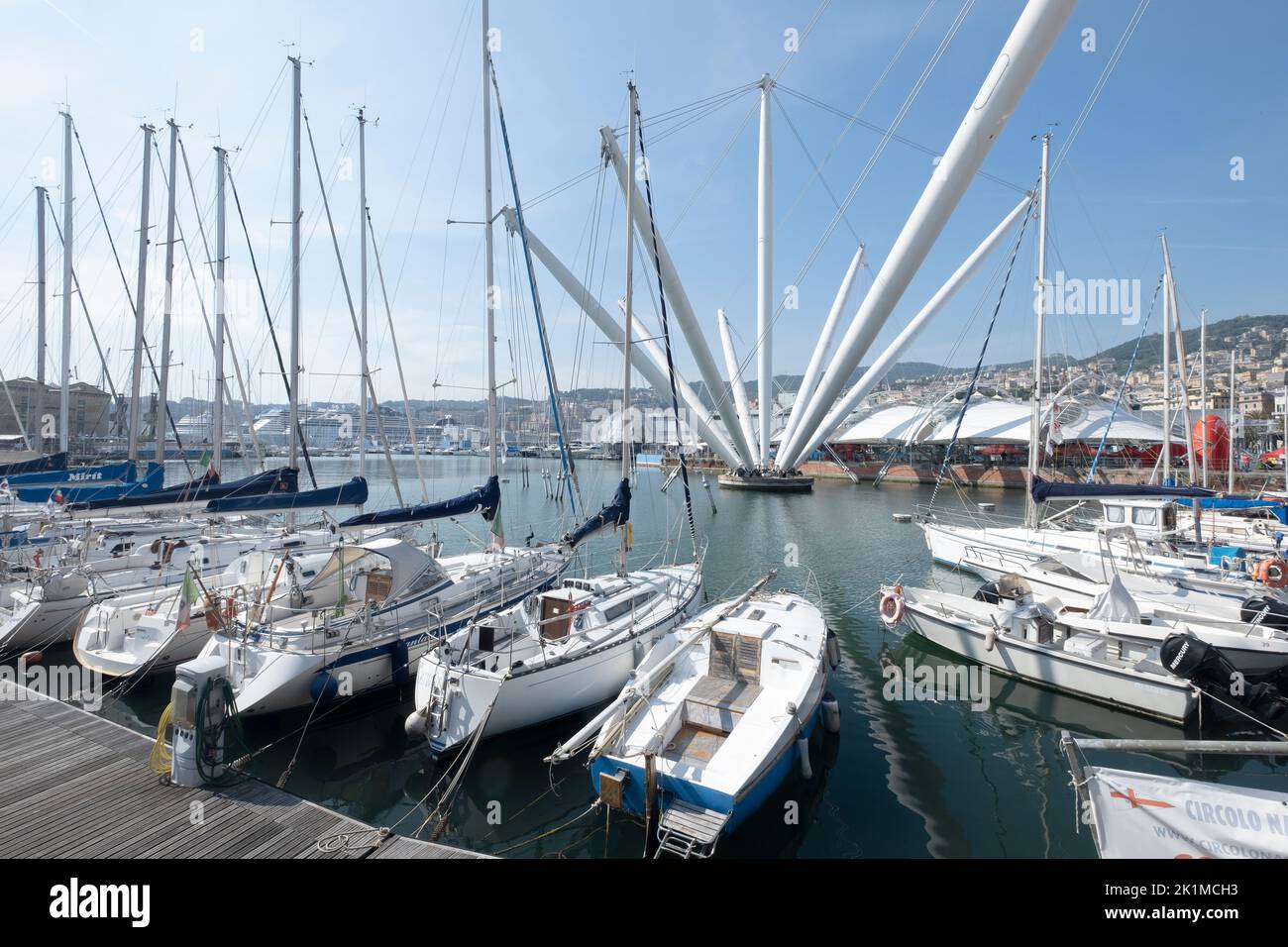 The Old Port of Genoa, where a charming waterfront plaza, the work of famous Genoese architect Renzo Piano,Genova, Liguria, Italy Stock Photo