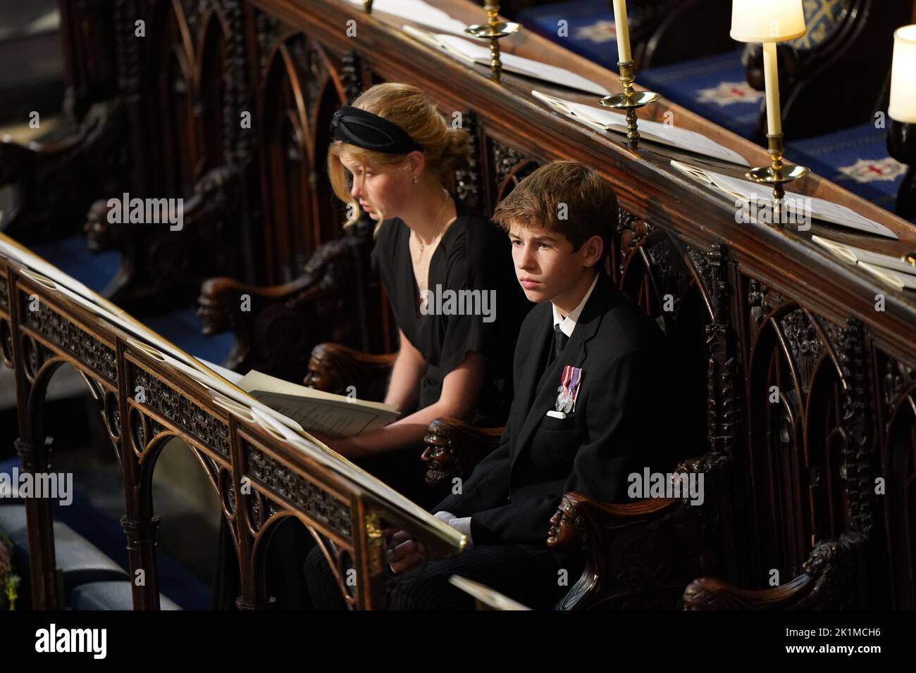 (L-R) Lady Louise Windsor and James, Viscount Severn at the Committal Service for Queen Elizabeth II held at St George's Chapel in Windsor Castle, Berkshire. Picture date: Monday September 19, 2022. Stock Photo
