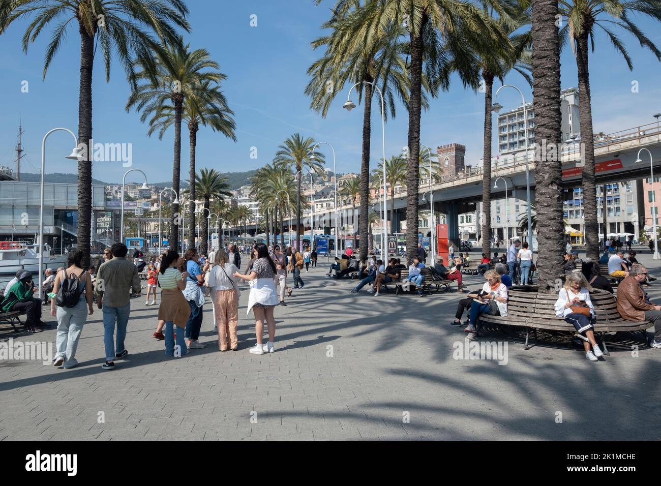 Promenade at the Genoa port or porto antico in Liguria region, Italy Stock Photo