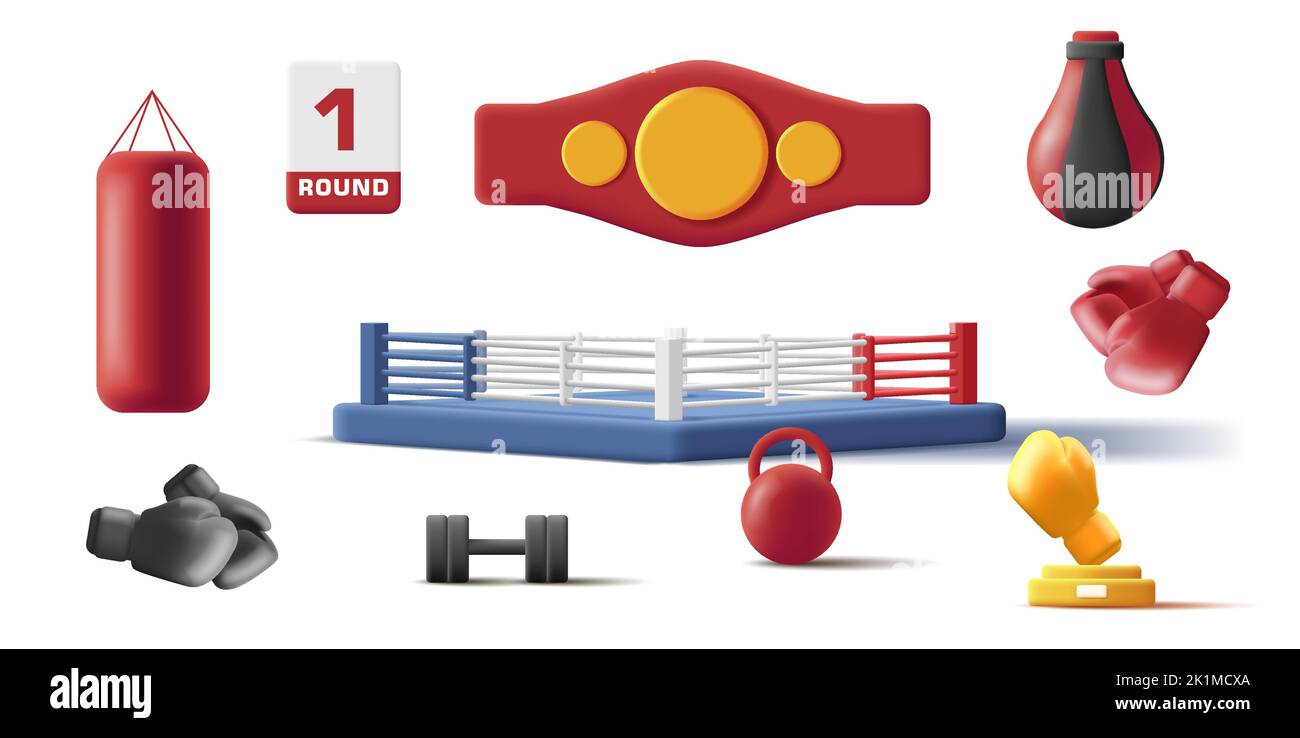 boxing attributes 3d icons of winner belt, ring and punching bags, isolated Stock Vector