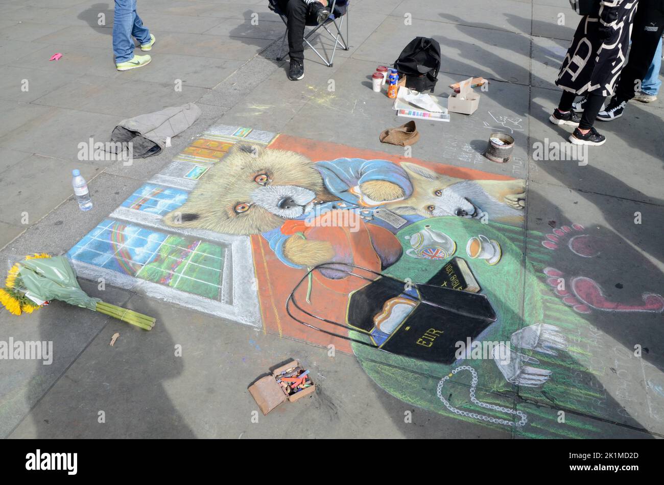 hand drawn pictures on the pavement at trafalgar square of the queen and paddington bear; scenes from central london on the occasion of the funeral of Queen Elizabeth 2 19th september 2022 Stock Photo