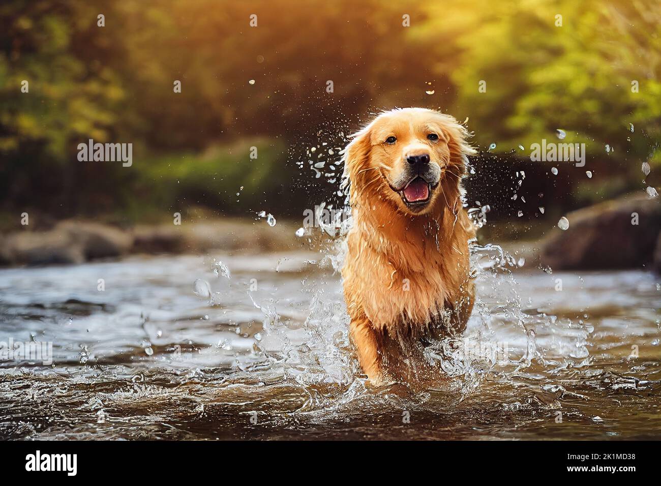 A happy golden retriever splashing in the river Stock Photo - Alamy