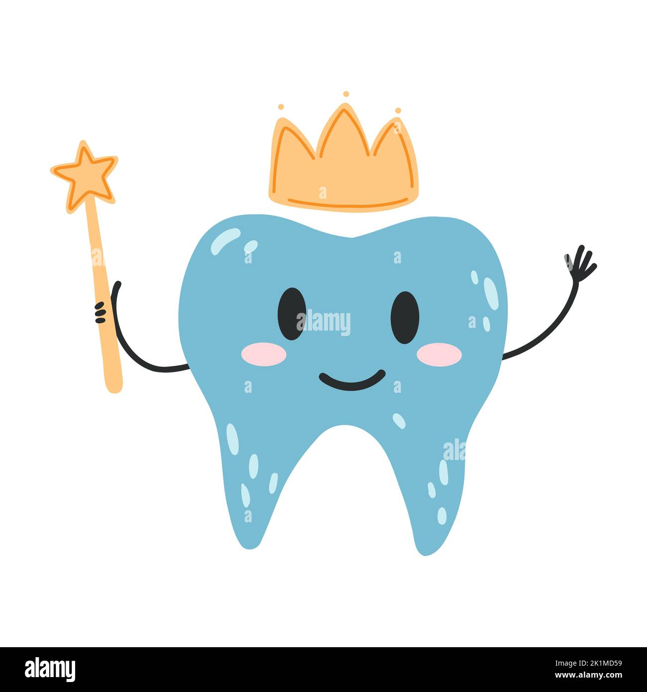 Hand drawn tooth fairy with crown and star magic wand in cartoon flat ...