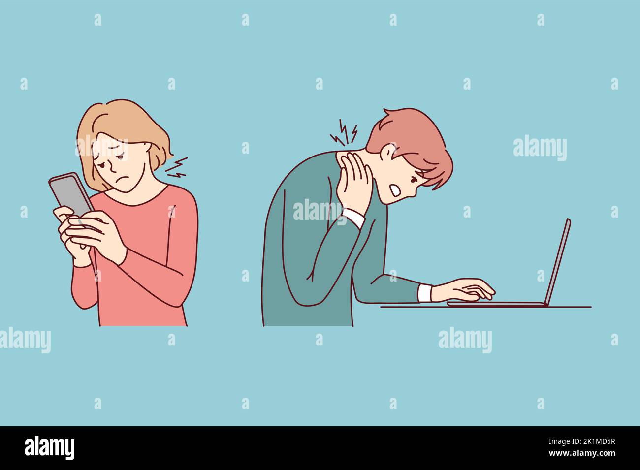 People working on gadgets suffer from neck problems. Users addicted with devices struggle with backache or spinal spasm. Sedentary position problem. Vector illustration.  Stock Vector
