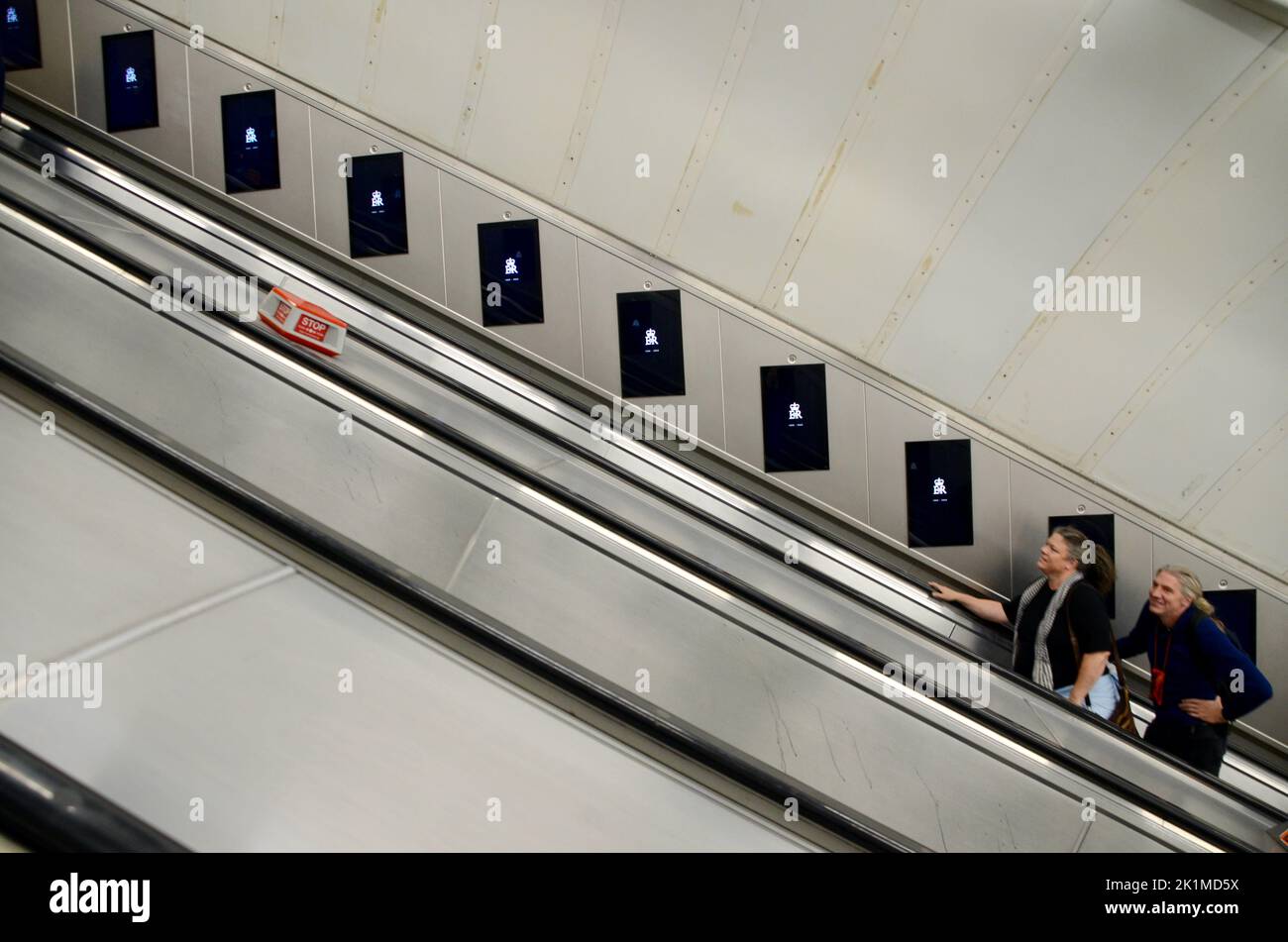 escalator at charing cross tube; scenes from central london on the occasion of the funeral of Queen Elizabeth 2 19th september 2022 Stock Photo