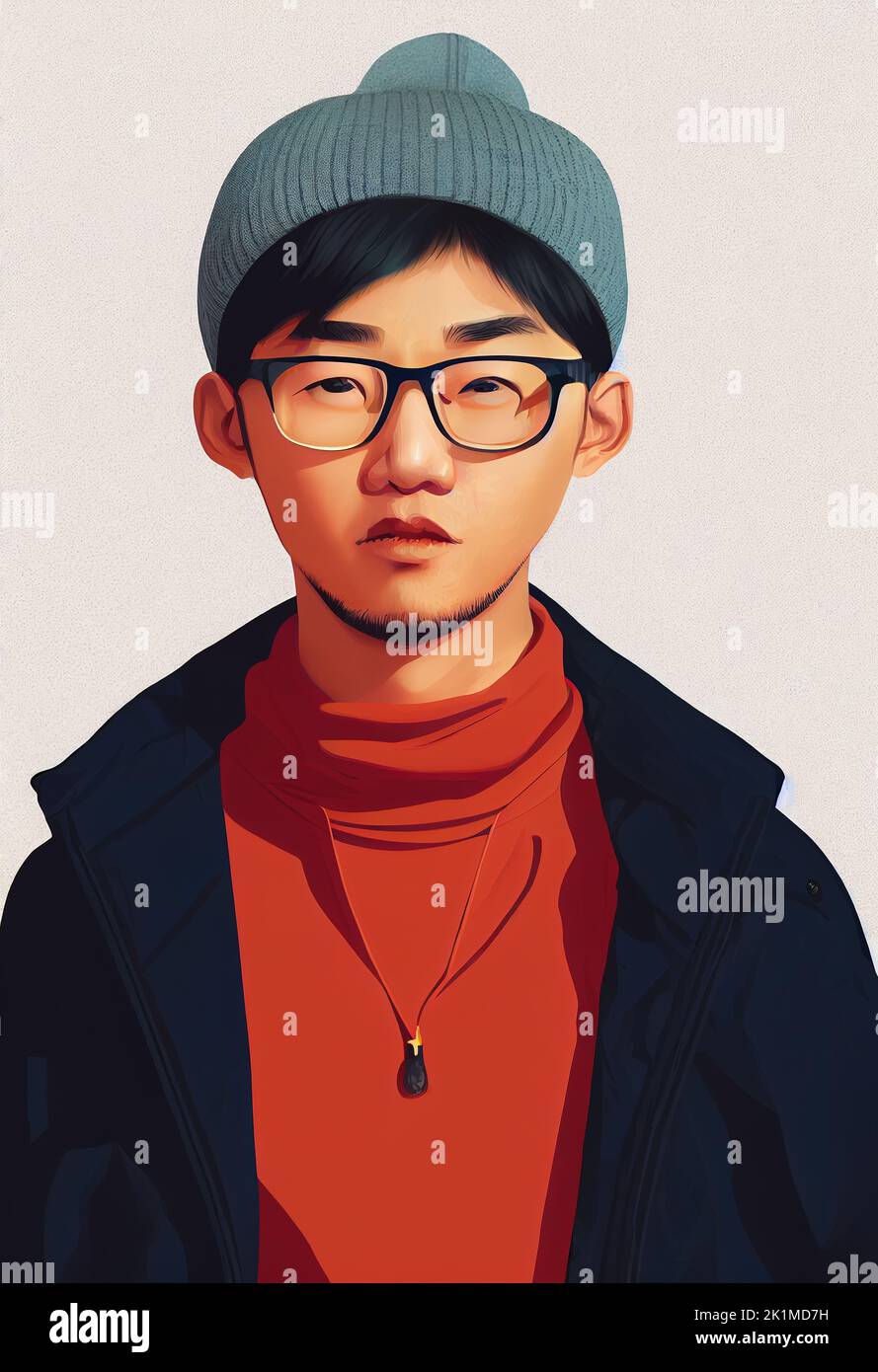 A digital portrait of a young Asian man with glasses. Stock Photo