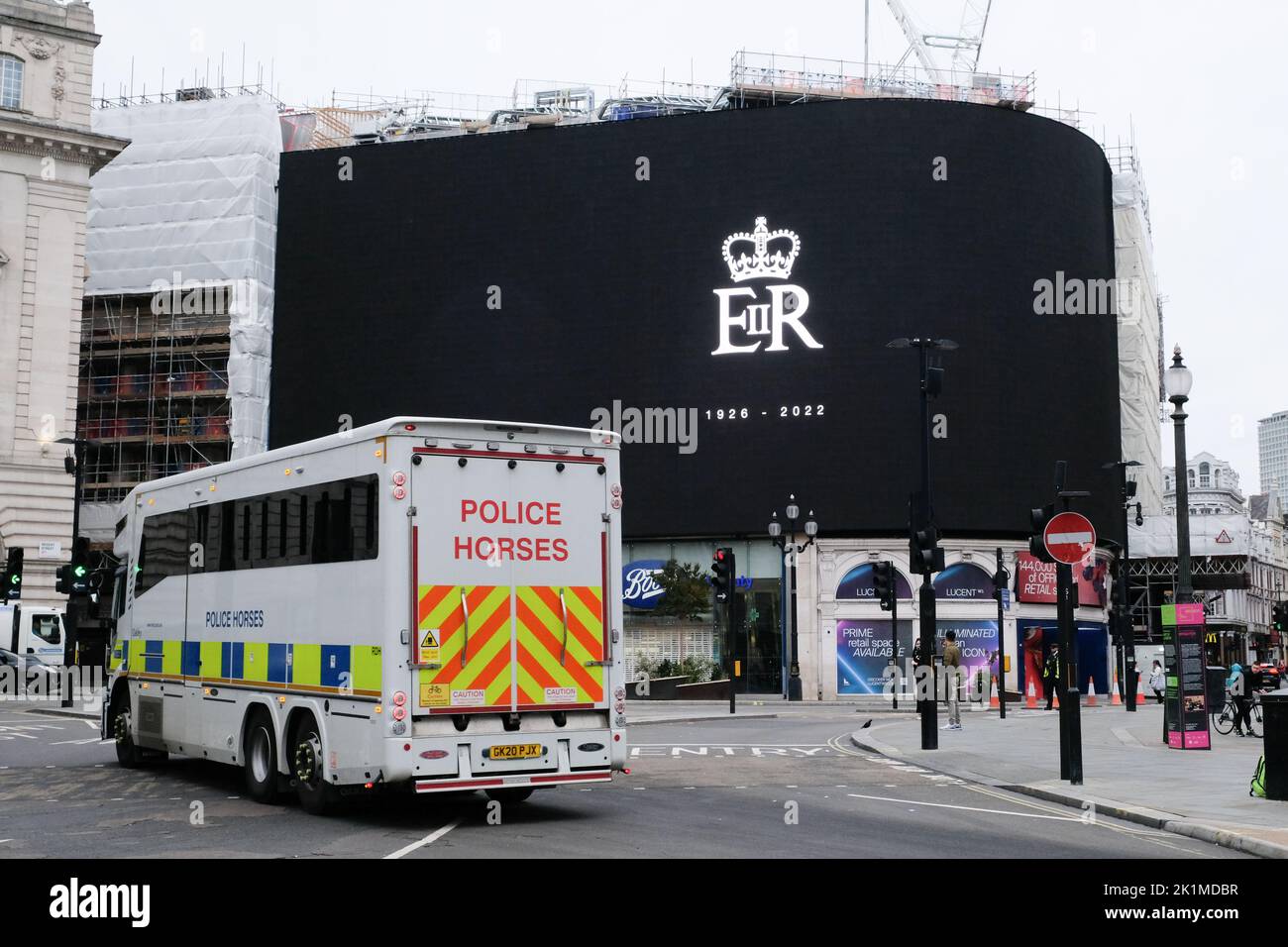 London, UK. 19th Sept 2022. The Piccadilly Lights for The State Funeral of Her Majesty The Queen.  Credit: Matthew Chattle/Alamy Live News Stock Photo