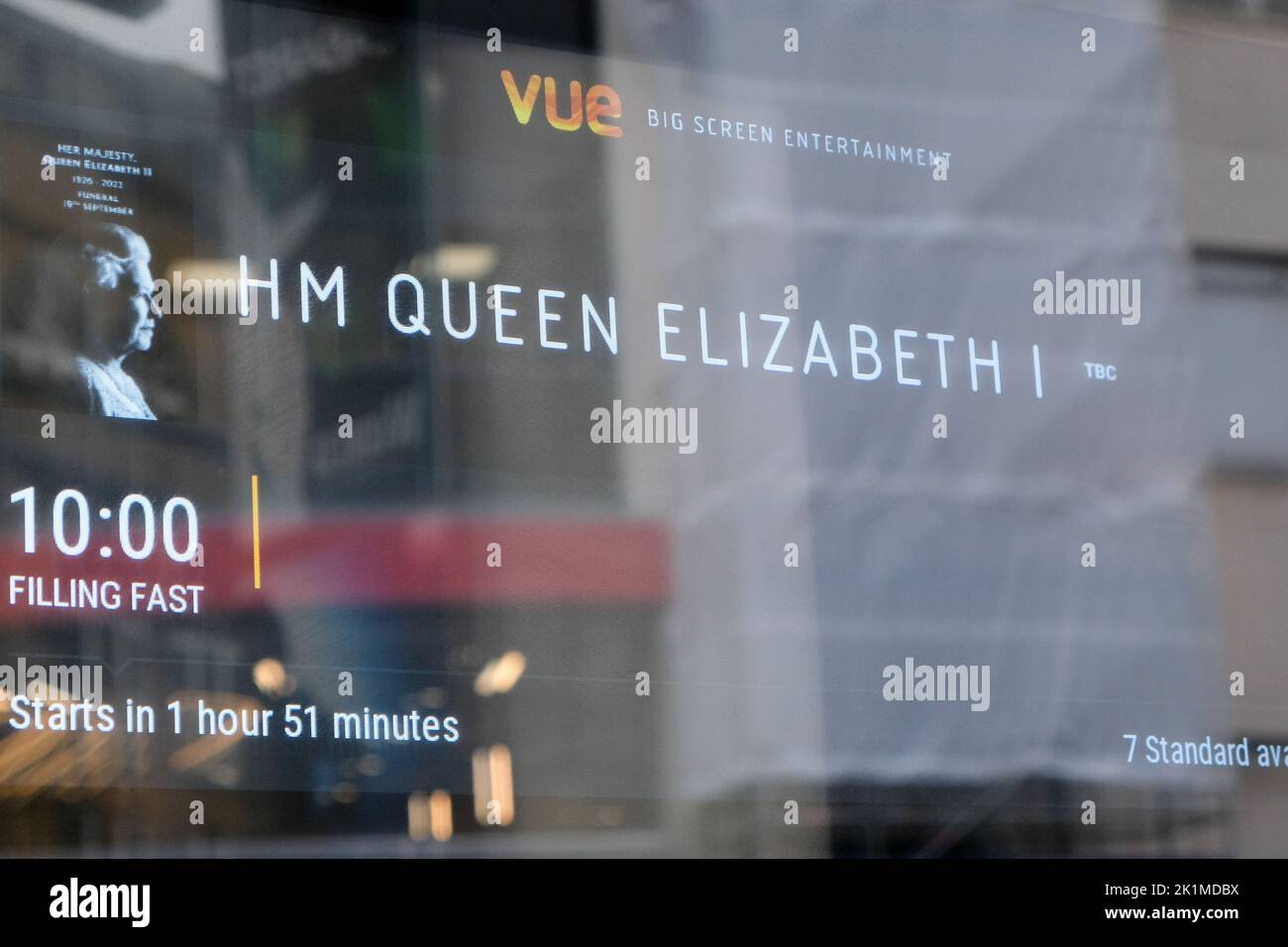London, UK. 19th Sept 2022. Vue Cinema leicester Square for The State Funeral of Her Majesty The Queen. Credit: Matthew Chattle/Alamy Live News Stock Photo