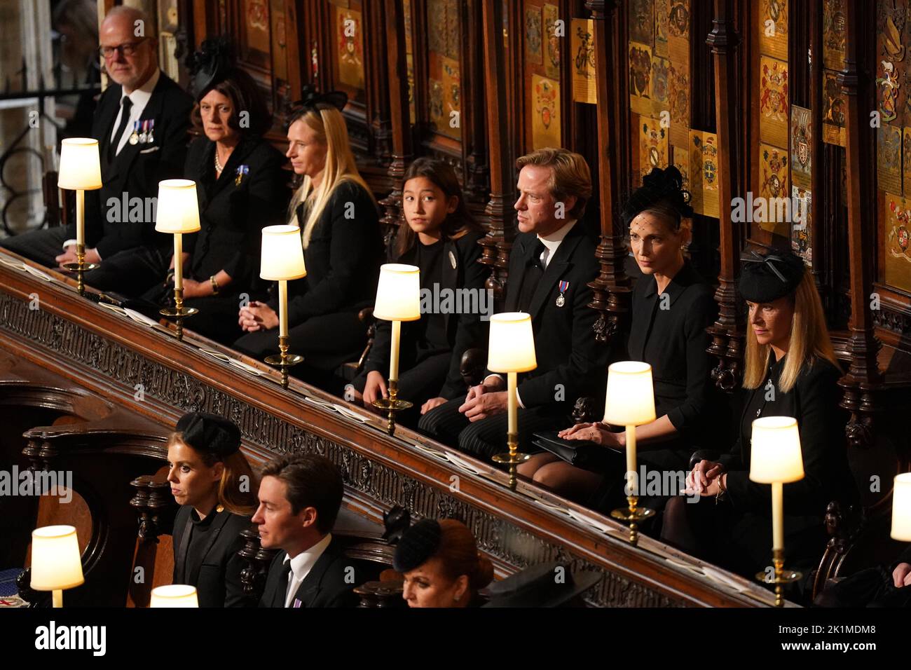(L-R top row) The Earl of St Andrews, the Countess of St Andrews, Lady Davina Windsor, Senna Kowhai, Thomas Kingston, Lady Gabriella Kingston and Lady Rose Gilman at the Committal Service for Queen Elizabeth II held at St George's Chapel in Windsor Castle, Berkshire. Picture date: Monday September 19, 2022. Stock Photo