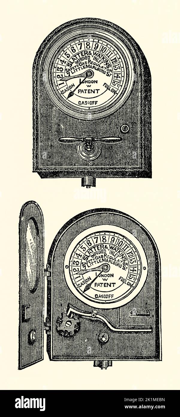 An old Victorian engraving of an inlet safety double-check gas regulator, made by Slater and Watkins, Little Marlborough Street, London, England, UK. It is from a book of 1890. The device is shown covered and uncovered showing its working parts. It enabled the consumer to control the flow of gas before the supply entered the meter.. Stock Photo