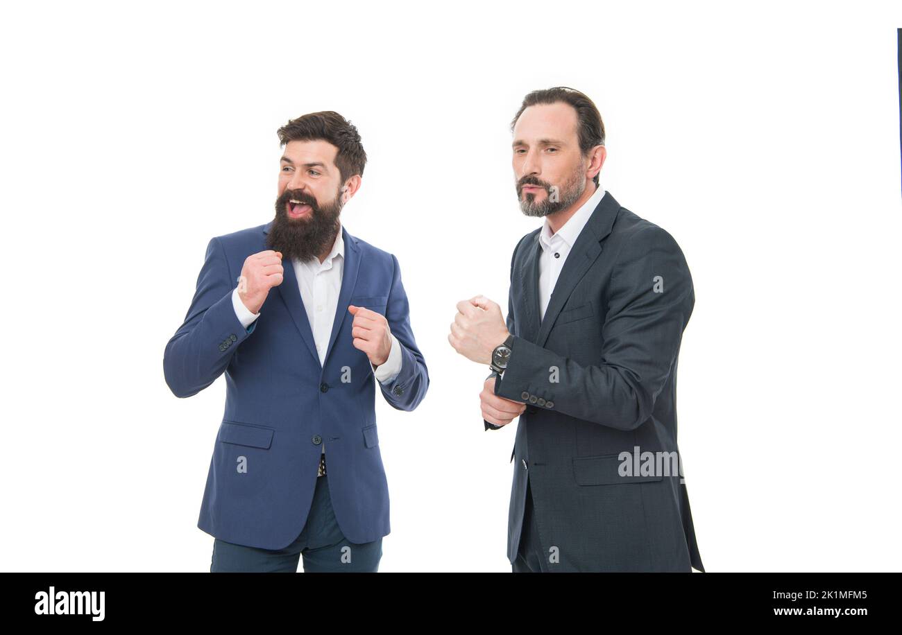 Good mood and easygoing. Education for business. Successful entrepreneurship. Partnership project. Business team. Bearded businessmen in formal Stock Photo