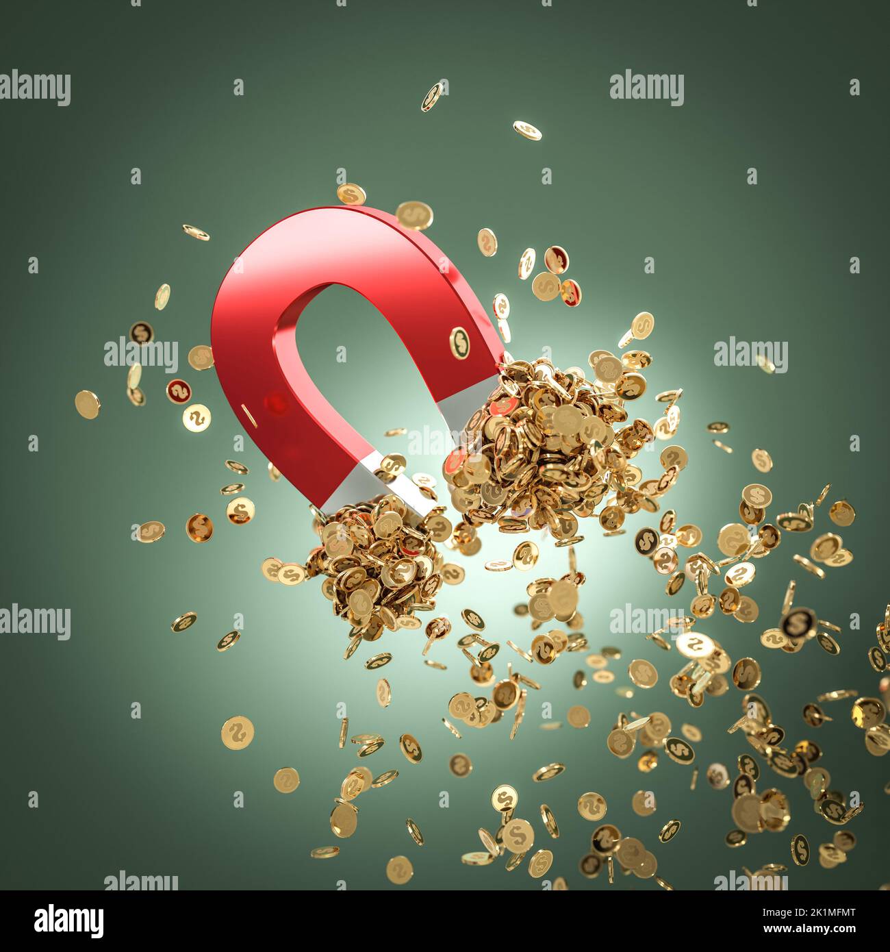 large magnet that attracts gold coins. 3d render Stock Photo