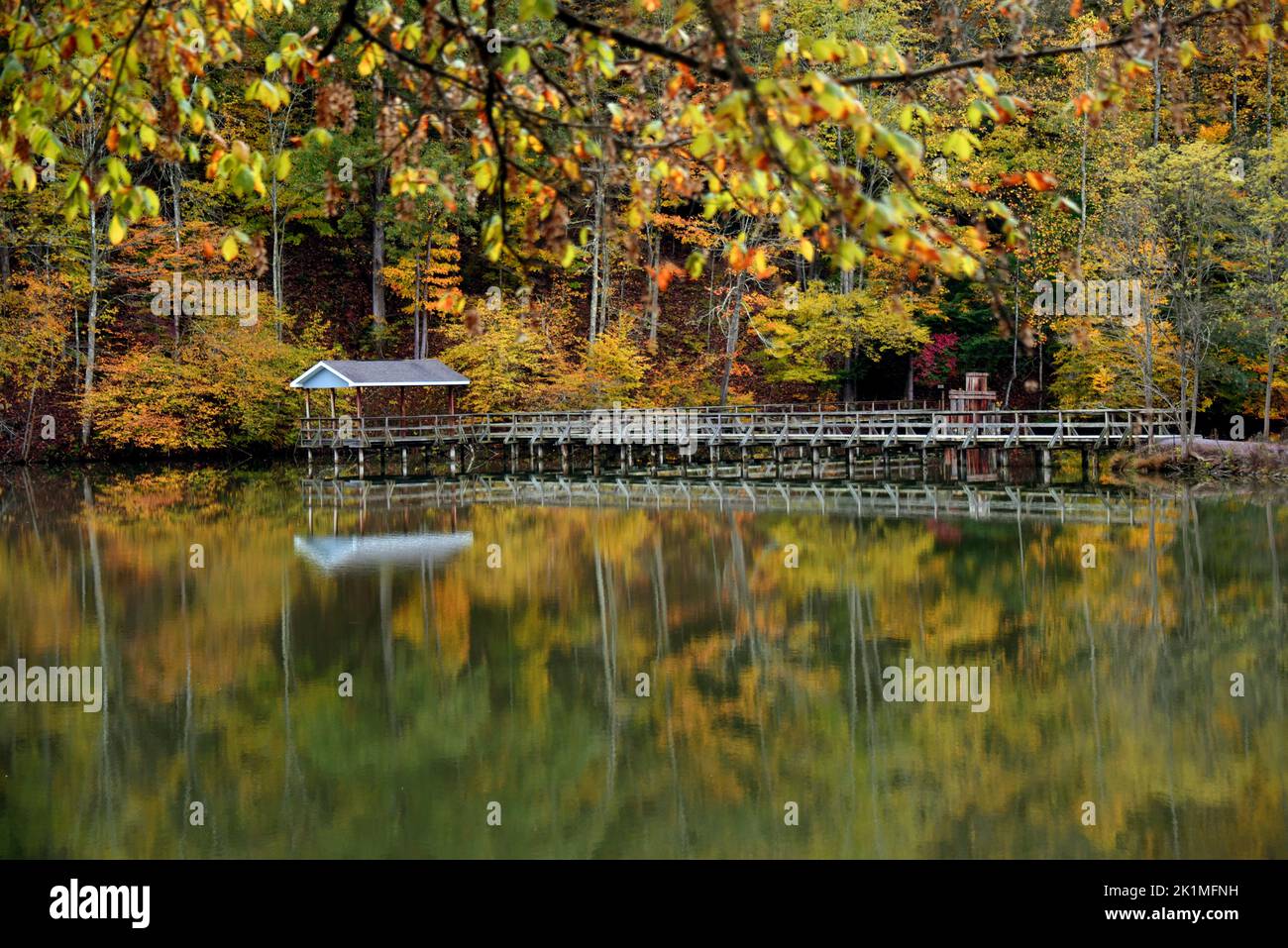 Wooden walkway leads to small pavilion that sits over Steele Creek Lake in park in Bristol, Tennessee.  Calm, still water of lake reflects Autumn foli Stock Photo