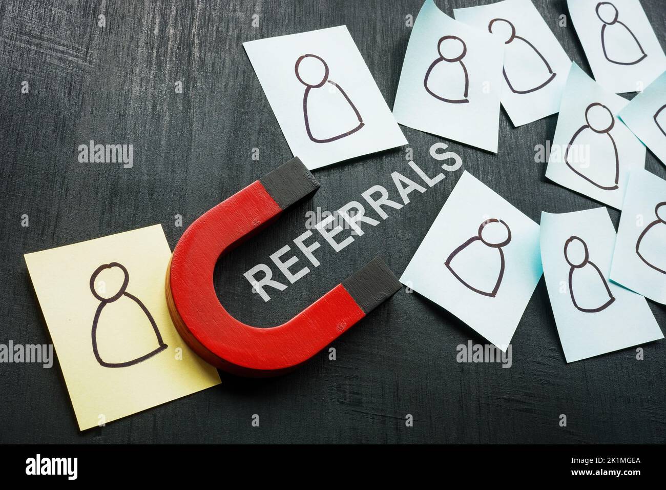 Referrals concept. Magnet and stickers with figures. Stock Photo