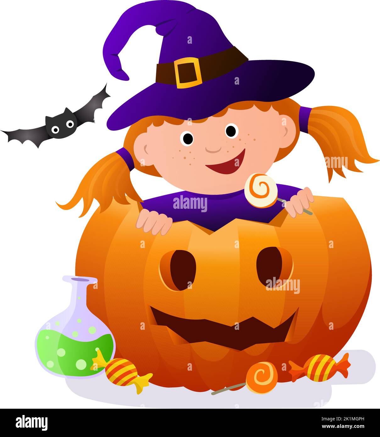 https://c8.alamy.com/comp/2K1MGPH/halloween-illustration-with-a-cute-witch-girl-cute-girl-in-a-witch-hat-inside-a-pumpkin-illustration-for-a-card-or-post-vector-illustration-2K1MGPH.jpg