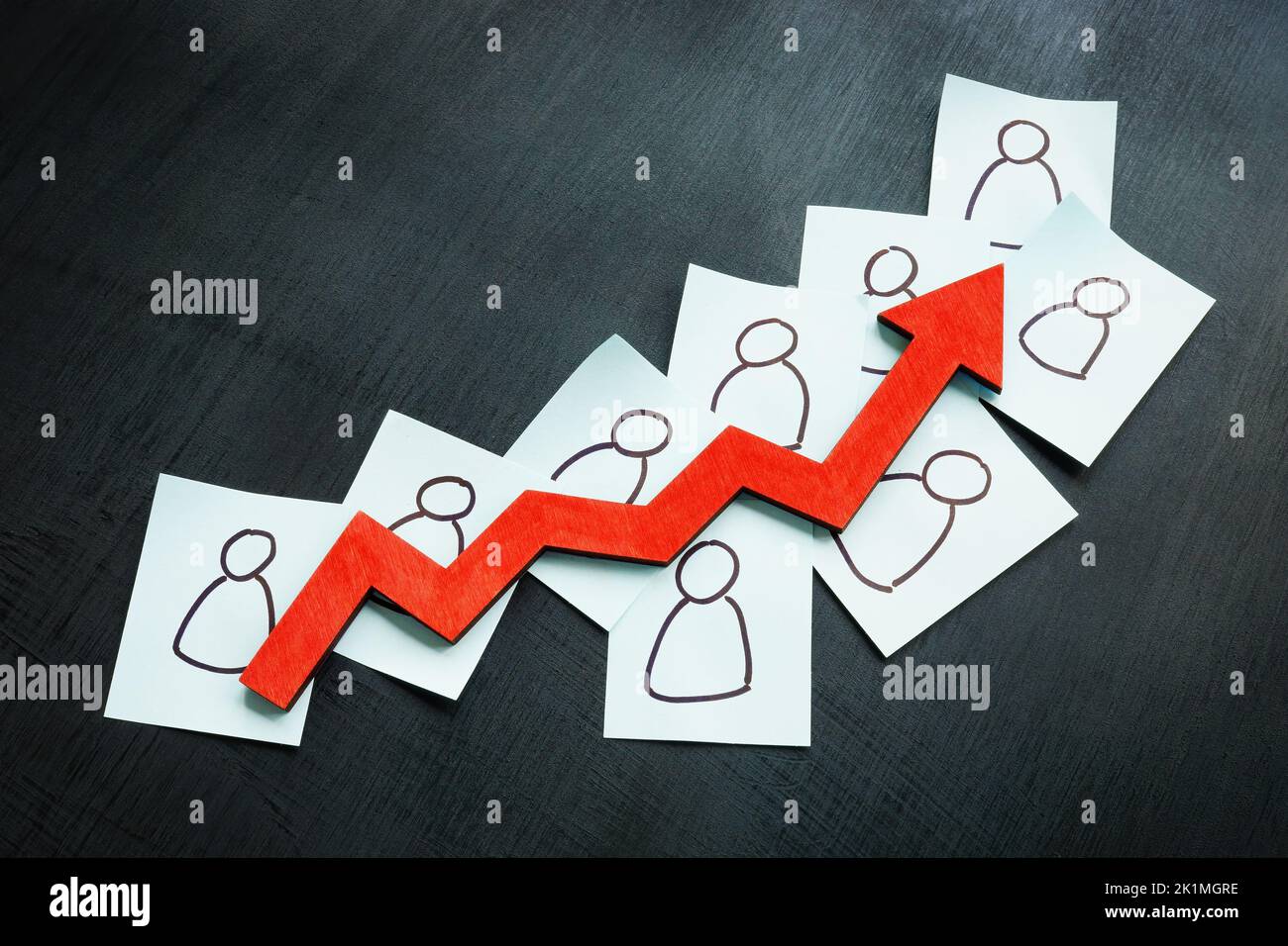 Growing arrow and figurines. Customer engagement and leads concept. Stock Photo