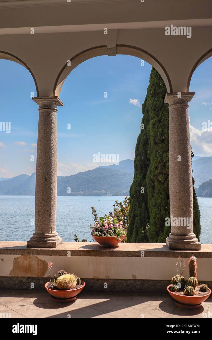 Vertical View of Arch with a View at Varenna. Picturesque Lake Como in Lombardy. Stock Photo