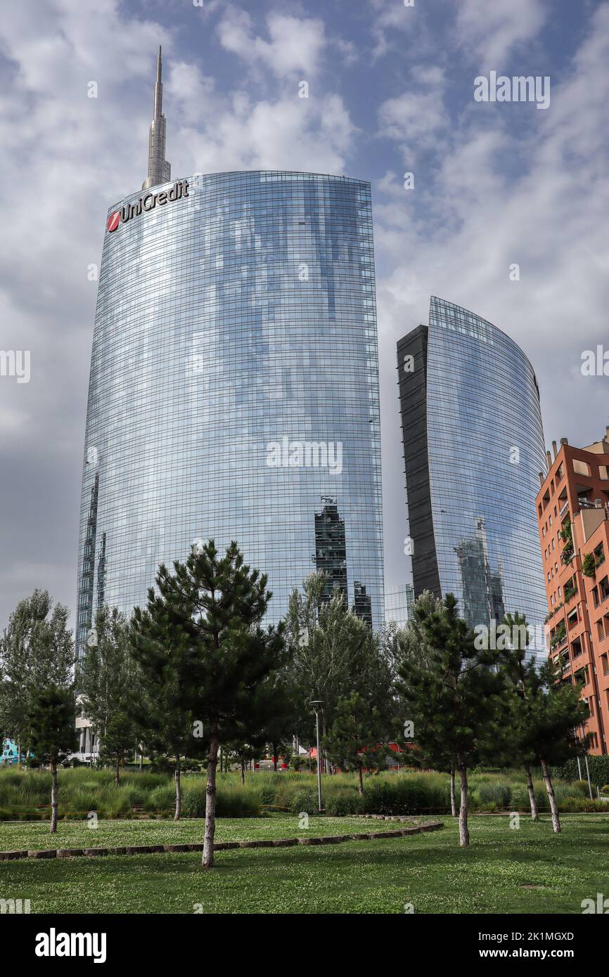 Milan, Italy - June 26, 2022: Vertical View of Glass Unicredit Tower in Porta Nuova District. Modern Financial Building in Lombardy. Stock Photo