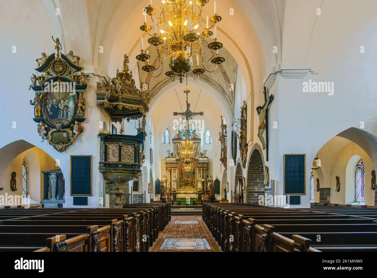 Ystad, Sweden - 13 Sep, 2022: Interior and altar of the church wich was buildt in the twelve hundres. Stock Photo