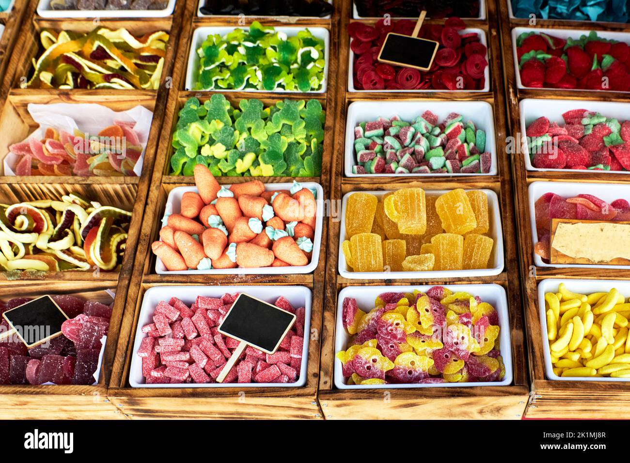 Variety of jelly beans and candies in a store. Sweet food. Unhealthy