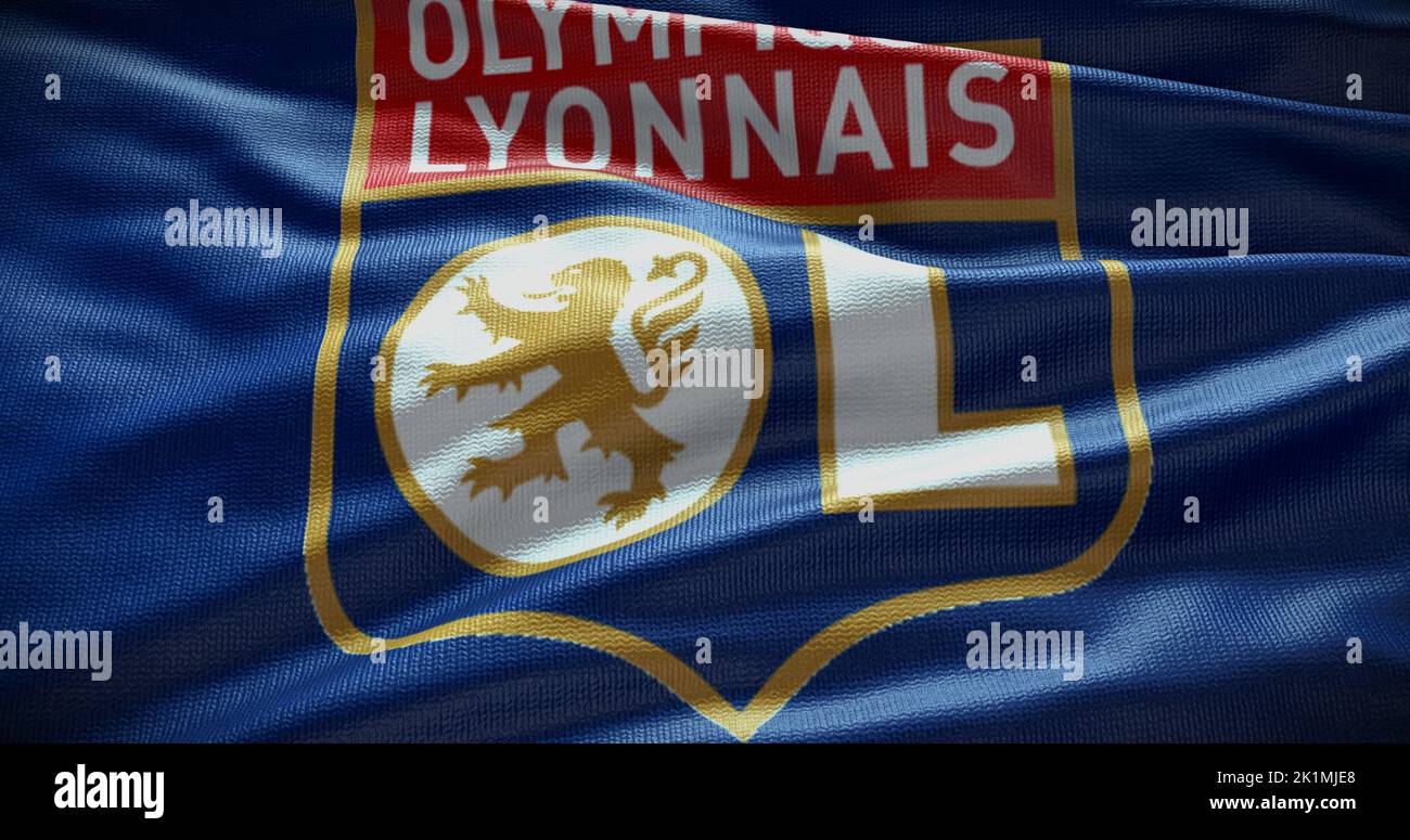 Barcelona, Spain - 17 September 2022: Olympique Lyon FC football club, soccer team logo. 3D illustration, Illustrative Editorial. Stock Photo