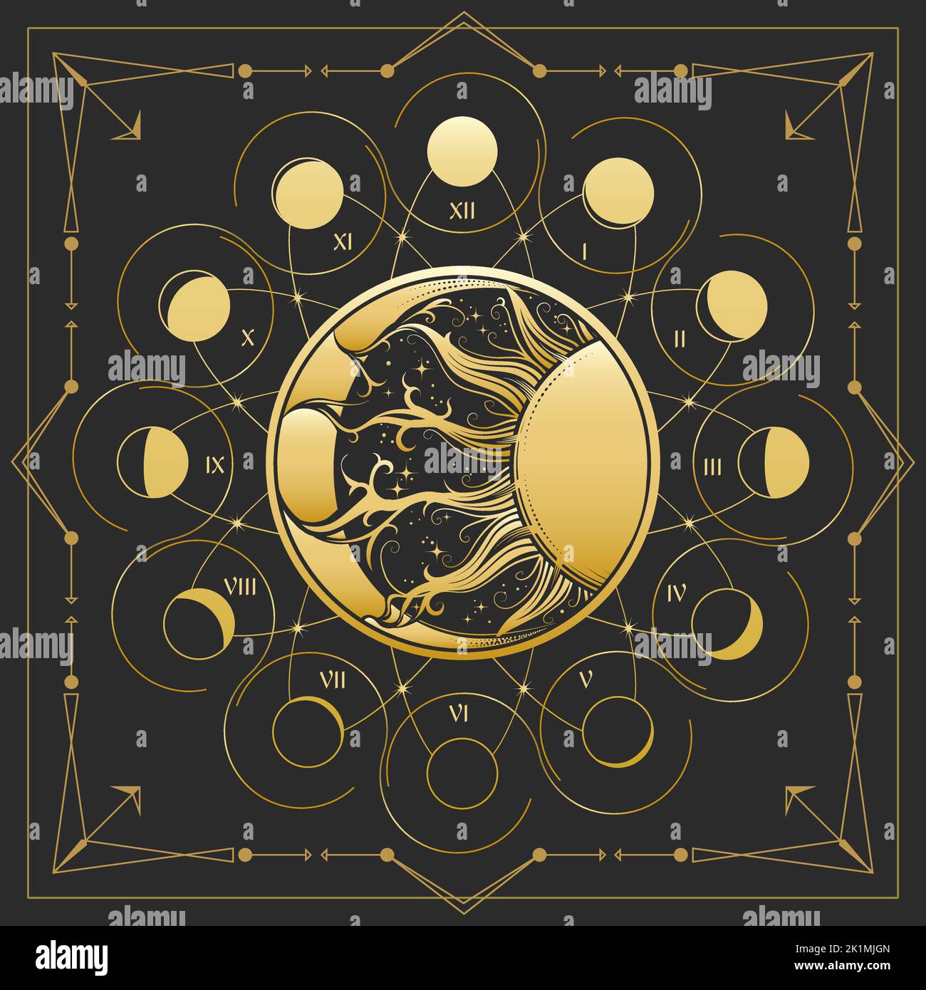 Sun and Crescend Moon with Phases Medieval Astrological Emblem on Black  background. Vector illustration. Stock Vector