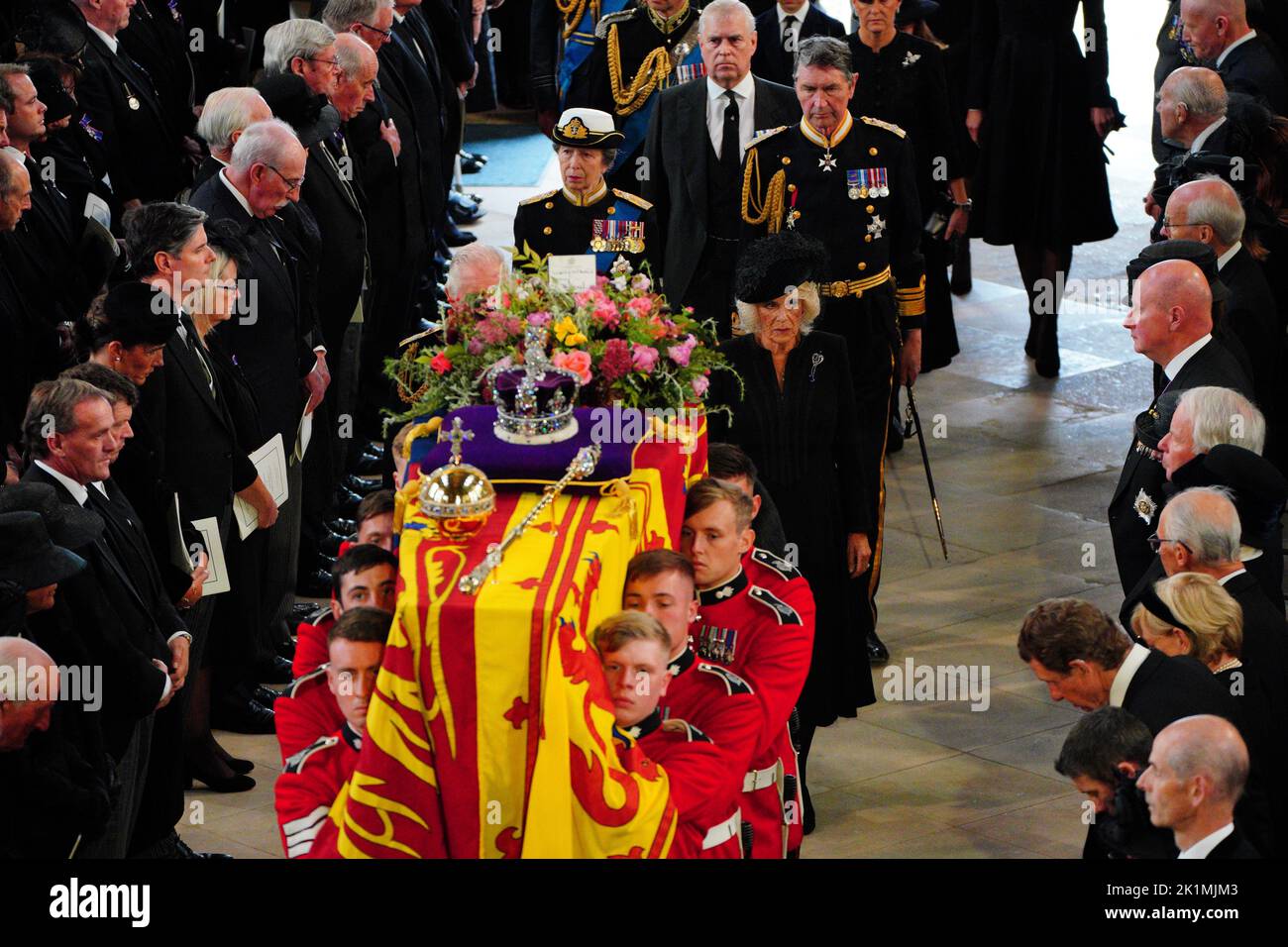 King Charles III (hidden), the Queen Consort, the Princess Royal, Vice Admiral Sir Timothy Laurence and the Duke of York walk behind the coffin at the Committal Service for Queen Elizabeth II held at St George's Chapel in Windsor Castle, Berkshire. Picture date: Monday September 19, 2022. Stock Photo