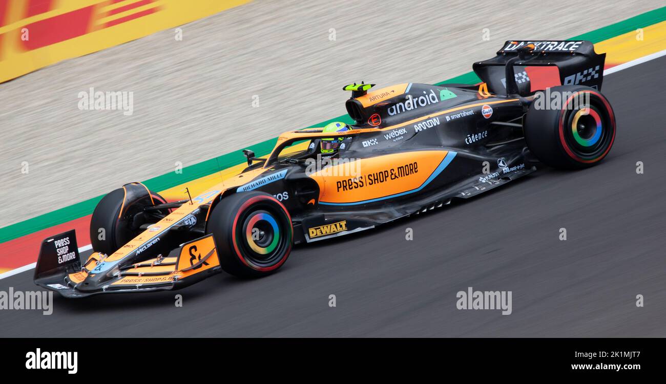 Lando Norris driving his McLaren Mercedes F1 car at the Spa Francorchamps circuit during the Belgium grand prix, August 2022 Stock Photo