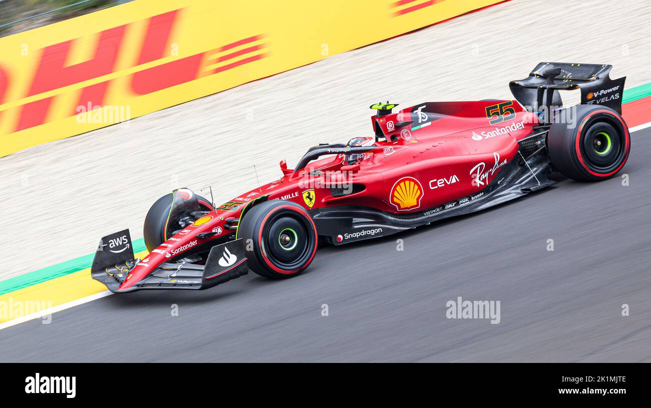 Carlos Sainz driving his Ferrari F1 car at the Spa Francorchamps circuit during the Belgium grand prix, August 2022 Stock Photo