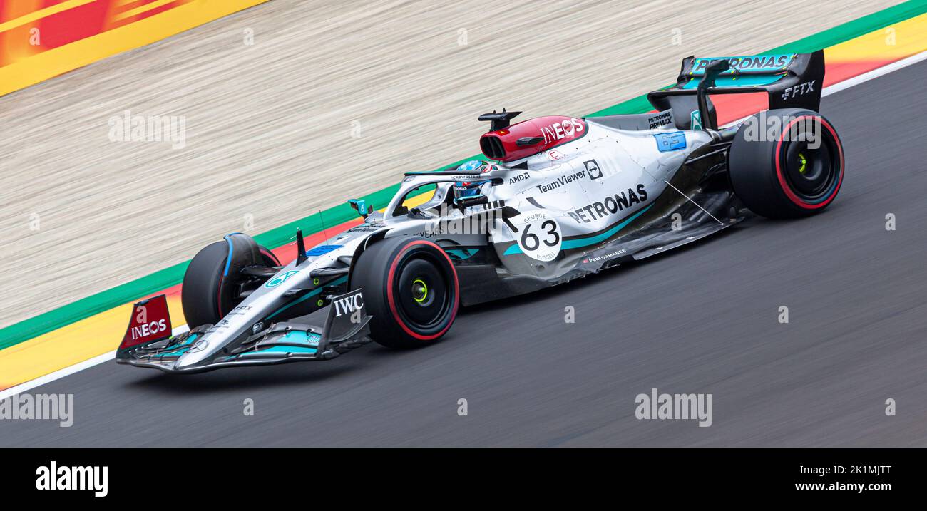 George Russell driving his Mercedes AMG Petronas F1 car at the Spa Francorchamps circuit during the Belgium grand prix, August 2022 Stock Photo