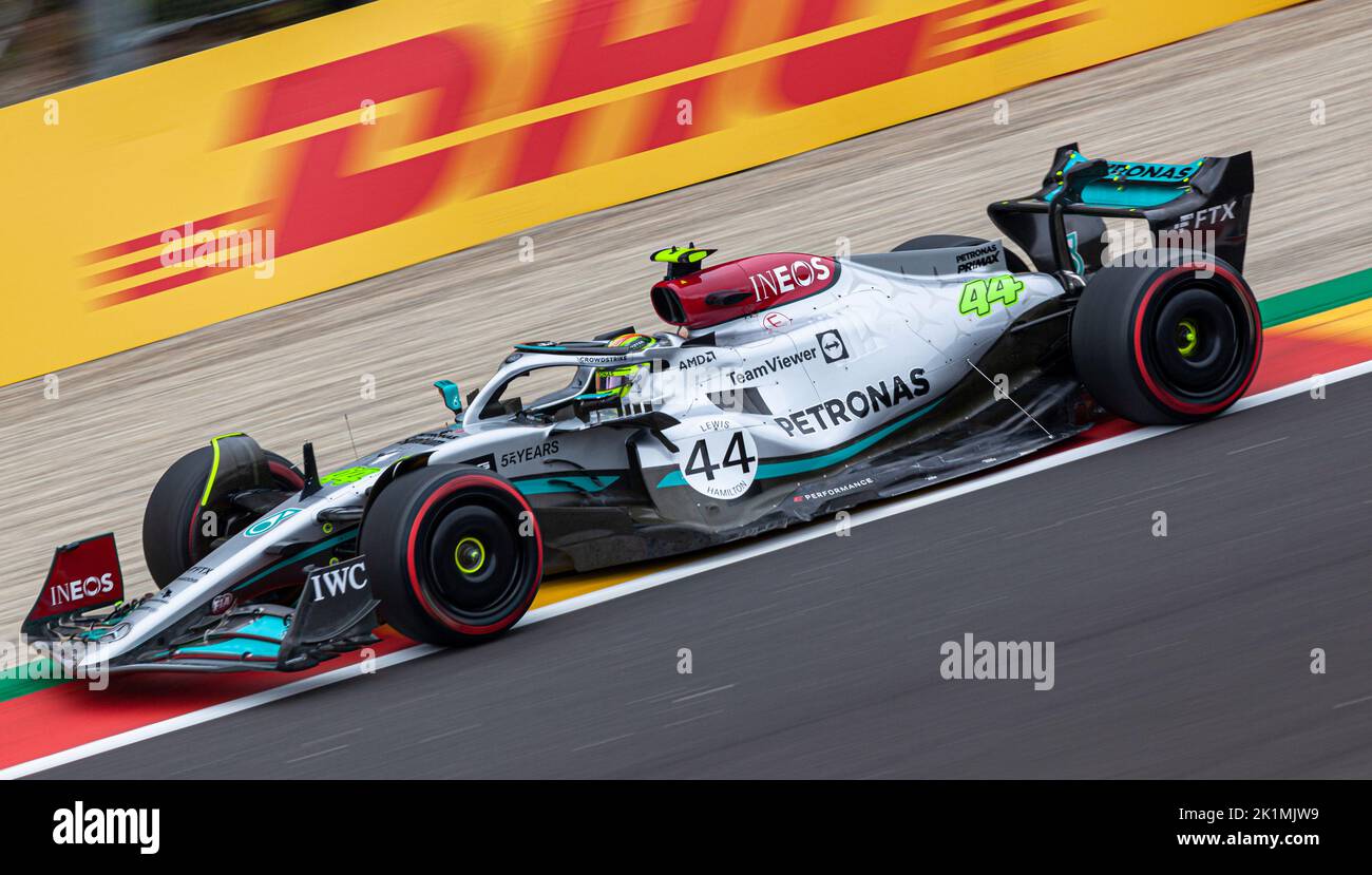 Lewis Hamilton driving his Mercedes AMG Petronas F1 car at the Spa Francorchamps circuit during the Belgium grand prix, August 2022 Stock Photo