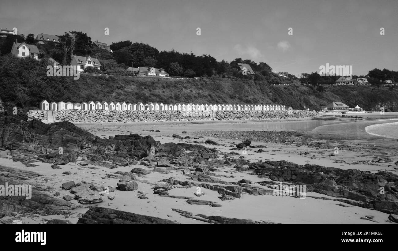 A long line of beach huts at Barneville-Carteret on the Cherbourg Peninsula, Normandy, France, Europe Stock Photo