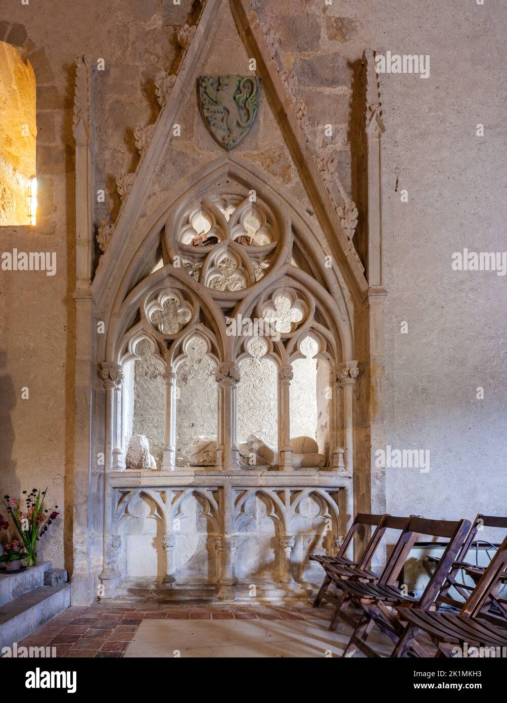 Interior of the Chapel of Caubin along the route of Chemin du Puy in the canton of Arthez-de-Béarn. Inside in a Gothic crypt is the effigy of a knight Stock Photo