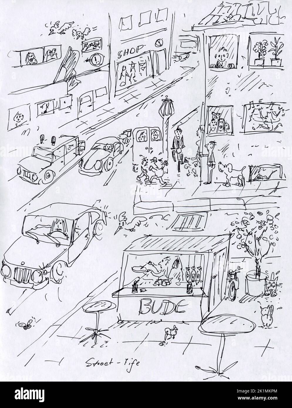 Pen drawing called 'Street life'. A street with cars, houses, shops, people and animals. There is happening a lot on this street. Stock Photo