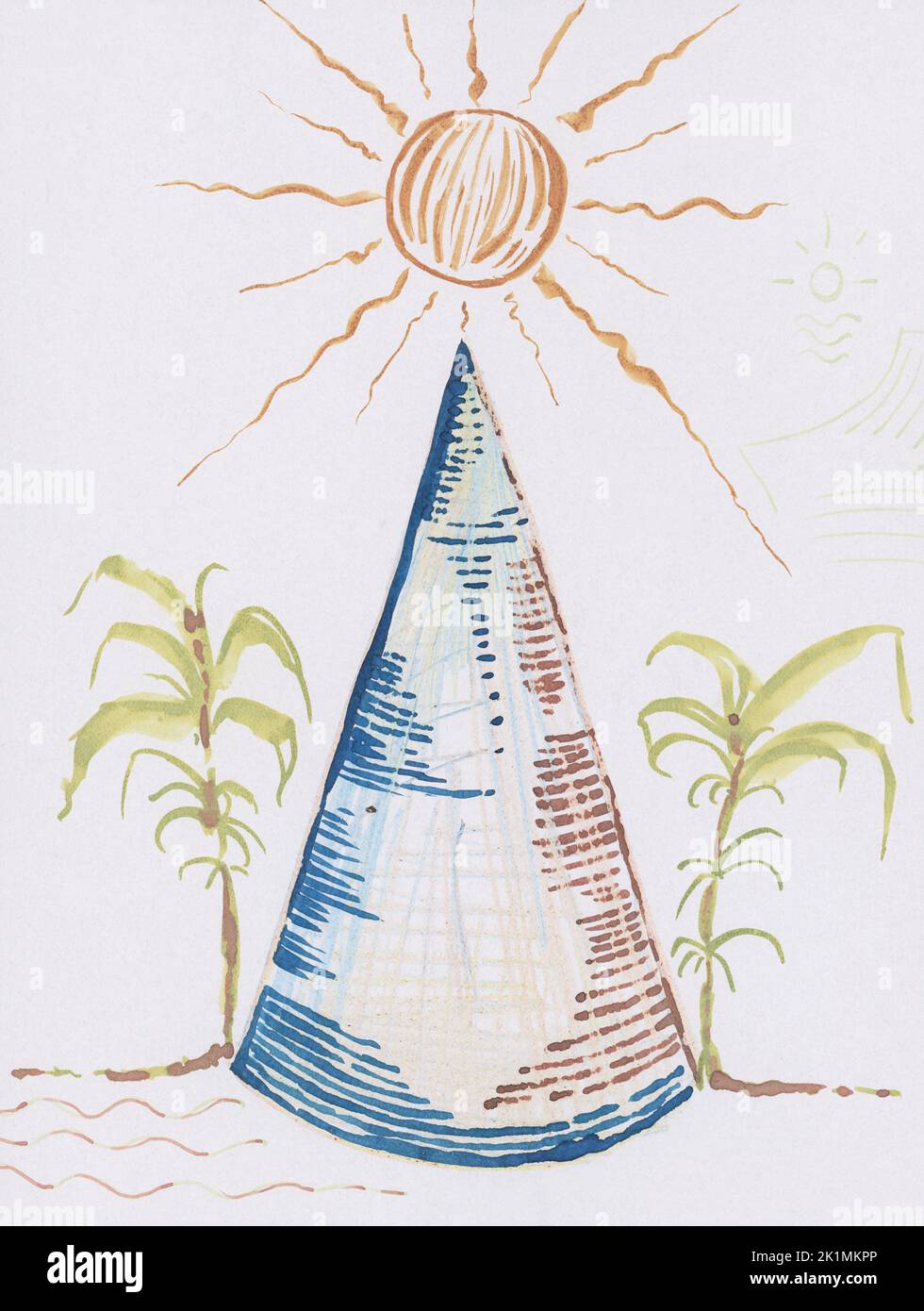 A drawing with colored ink. It's a building like a pyramid in the form of a cone. The sun is on top of the building. Two palm trees are standing besid Stock Photo