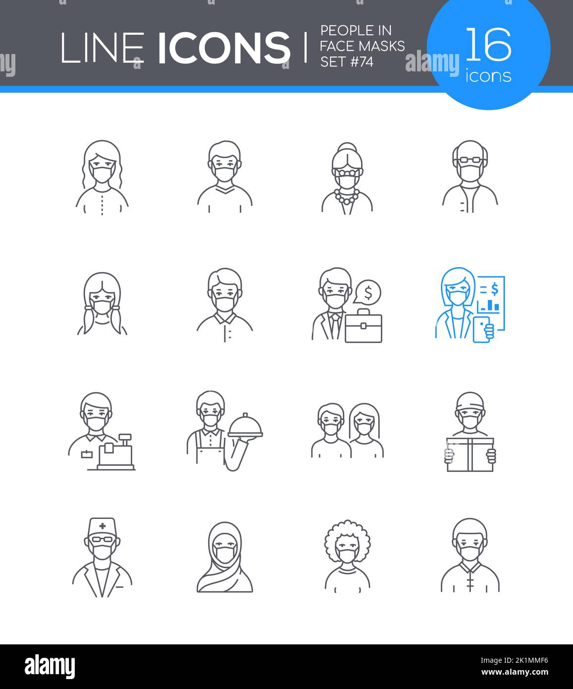 People in face masks - modern line design style icon set Stock Vector