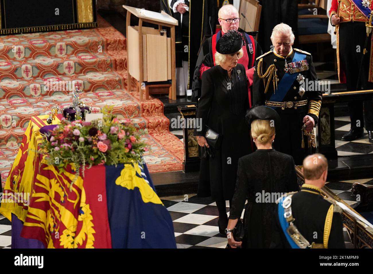 King Charles III and the Queen Consort at the Committal Service for Queen Elizabeth II held at St George's Chapel in Windsor Castle, Berkshire. Picture date: Monday September 19, 2022. Stock Photo