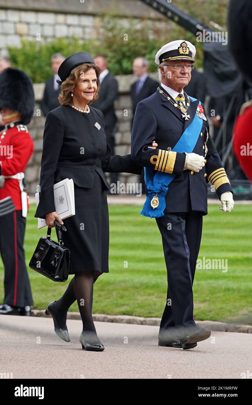 Queen Silvia of Sweden and Carl XVI Gustaf King of Sweden arrive at the Committal Service for Queen Elizabeth II held at St George's Chapel in Windsor Castle, Berkshire. Picture date: Monday September 19, 2022. Stock Photo