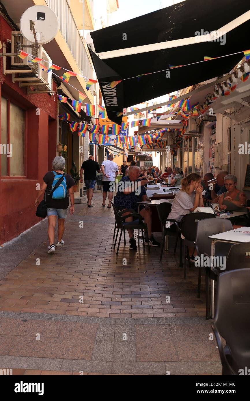 Benidorm, Alicante, Spain- September 10, 2022: Bars and terraces of typical spanish food full of people in the old town of Benidorm Stock Photo