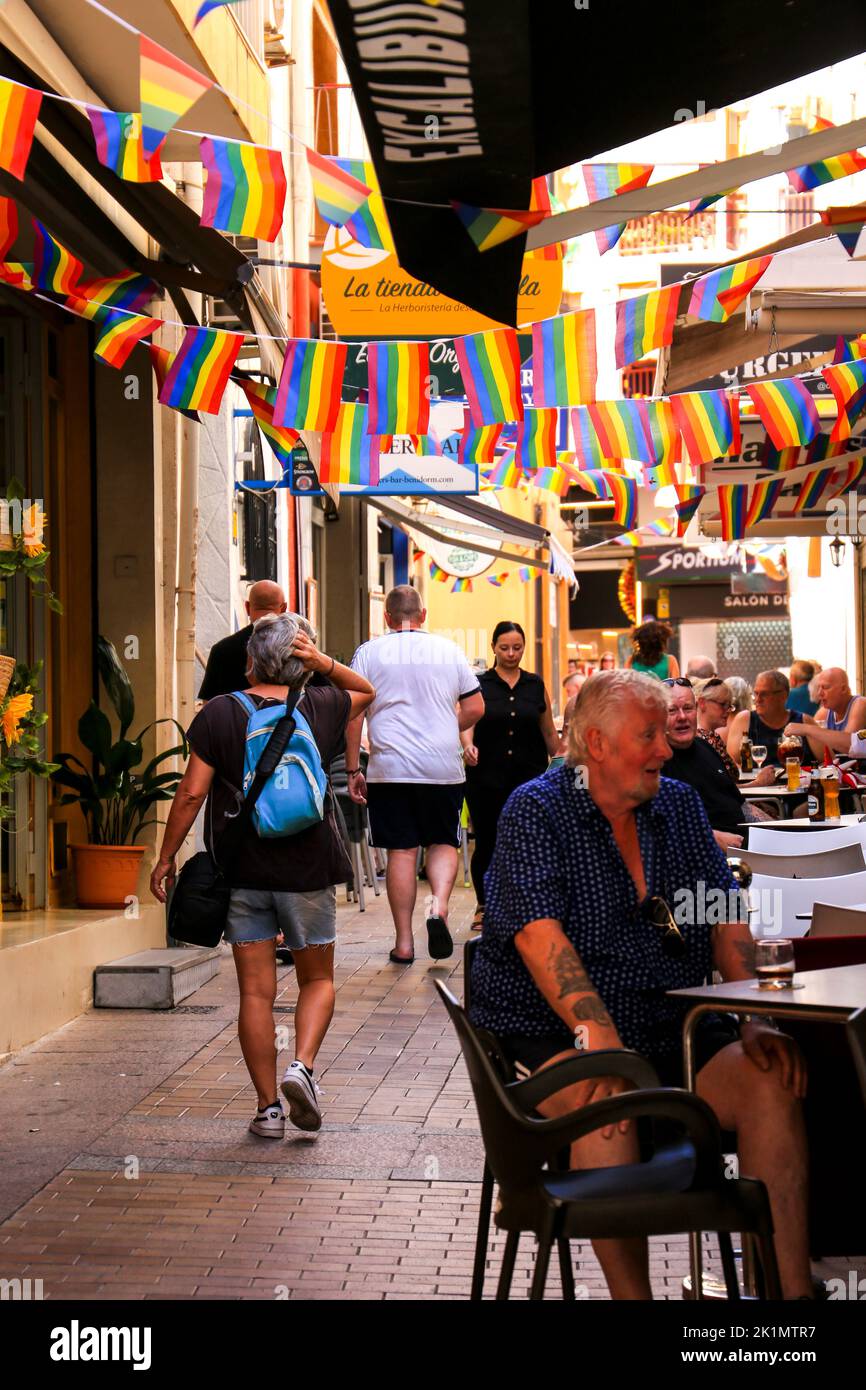 Benidorm, Alicante, Spain- September 10, 2022: Bars and terraces of typical spanish food full of people in the old town of Benidorm Stock Photo