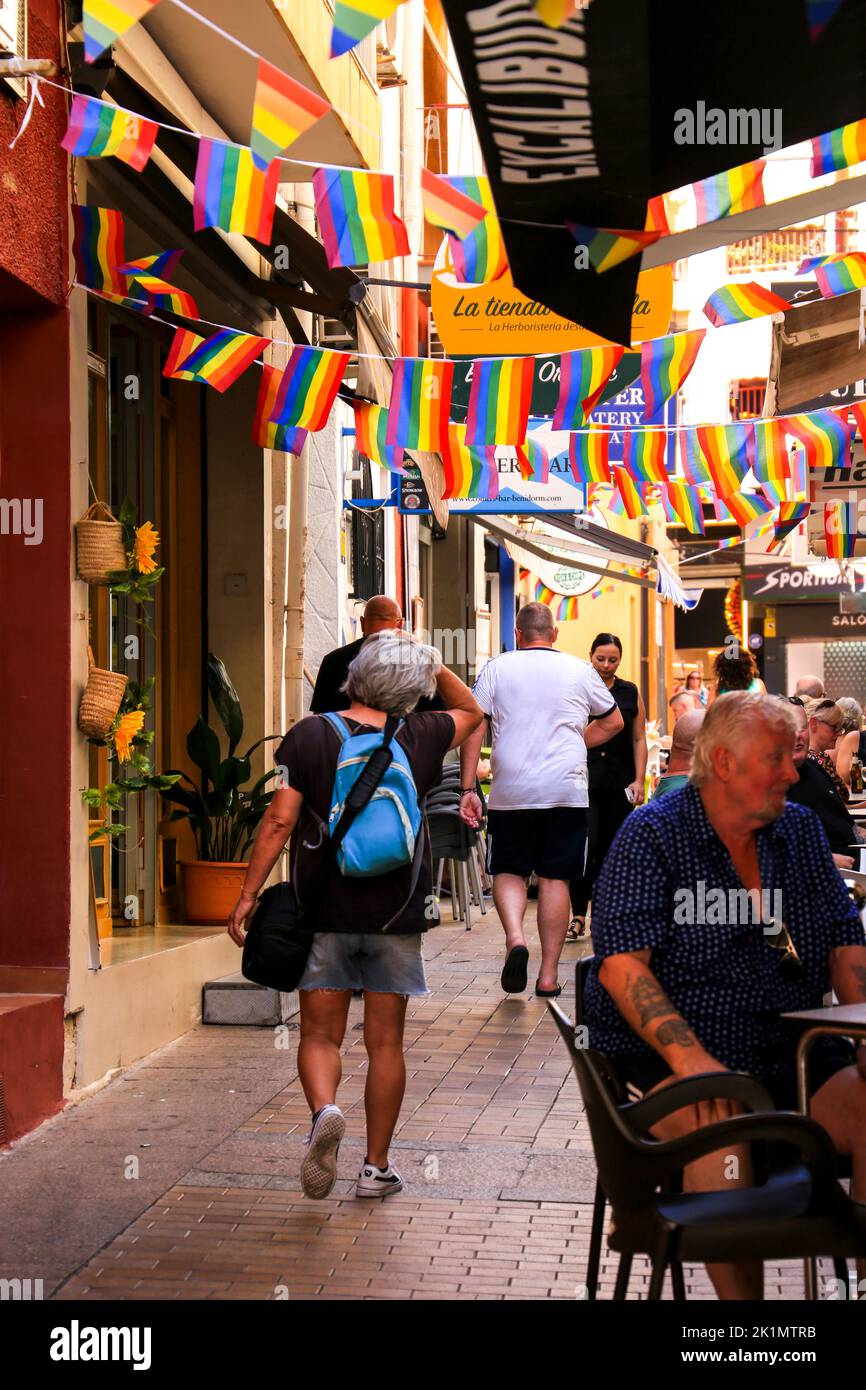 Benidorm, Alicante, Spain- September 10, 2022: Bars and terraces of typical spanish food full of people in the old town of Benidorm Stock Photo