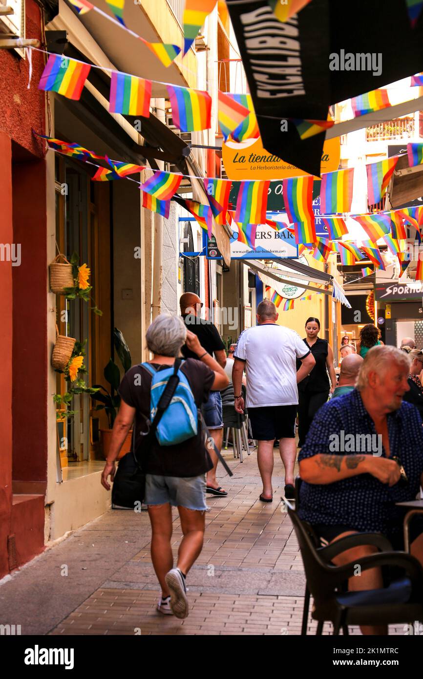 Benidorm, Alicante, Spain- September 10, 2022: Bars and terraces of typical spanish food full of people in the old town of Benidorm Stock Photo