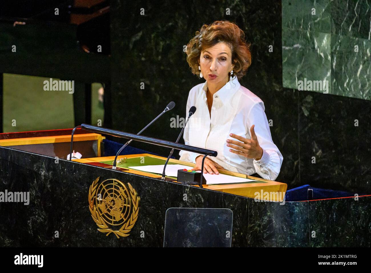 New York, USA. 19th Sep, 2022. Audrey Azoulay, UNESCO Director-General, addresses the Transforming Education Summit at the United Nations headquarters. Credit: Enrique Shore/Alamy Live News Stock Photo