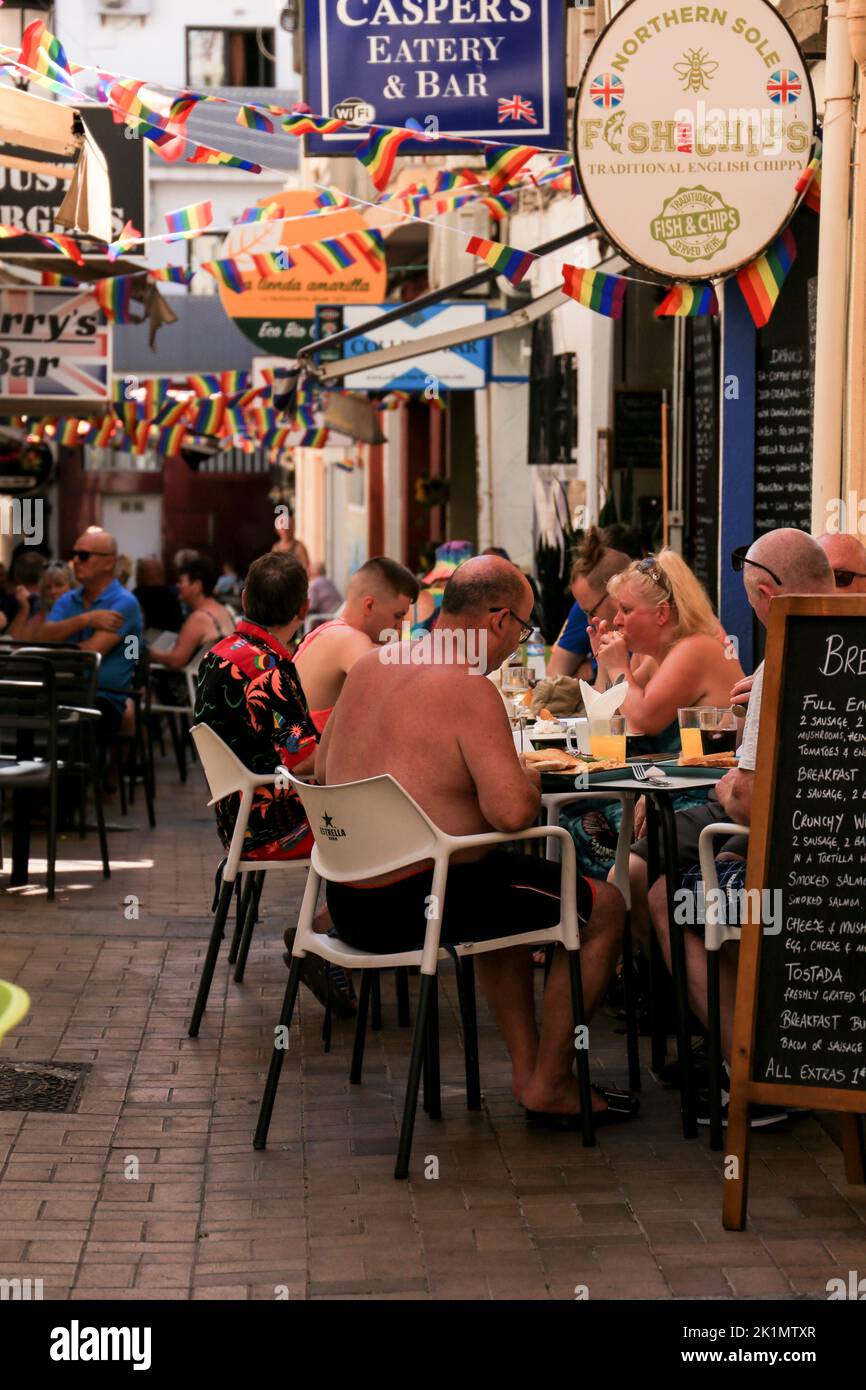 Benidorm, Alicante, Spain- September 10, 2022: Bars and terraces of typical spanish food full of people in the old town of Benidorm Stock Photo