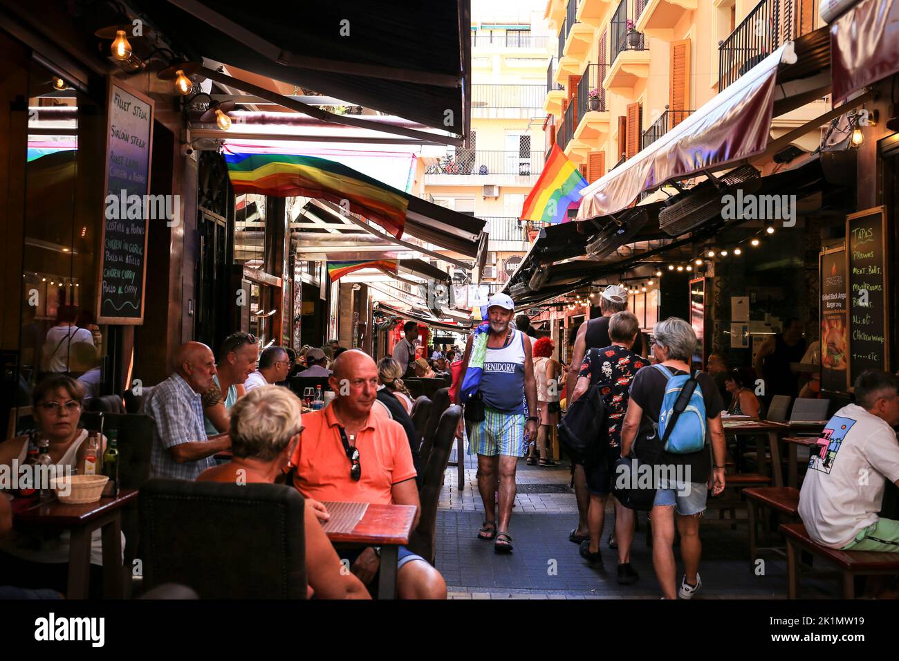 Benidorm, Alicante, Spain- September 10, 2022: Bars and terraces of typical spanish food full of people in the old town of Benidorm Stock Photo