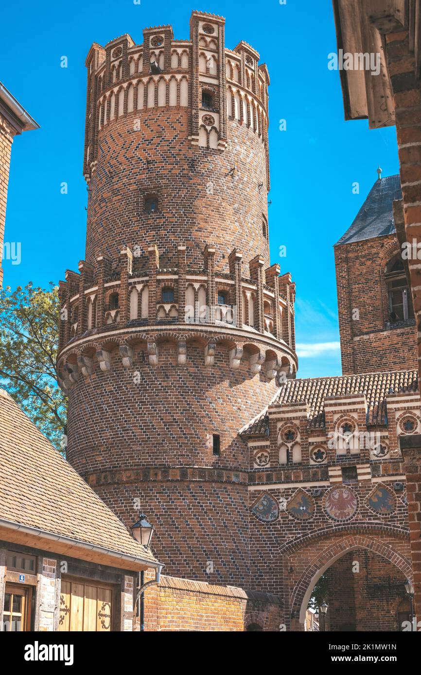 The Neustädter Tor, a medieval gate with tower in the city wall of Tangermünde, Saxony-Anhalt Stock Photo