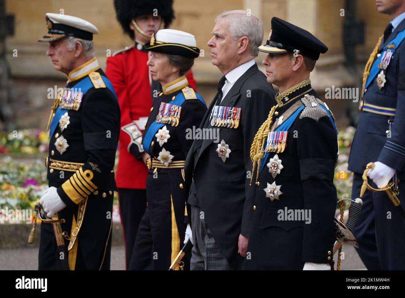 King Charles III, the Princess Royal, the Duke of York, the Earl of Wessex arriving for Committal Service at St George's Chapel, Windsor Castle for Queen Elizabeth II. Picture date: Monday September 19, 2022. Stock Photo