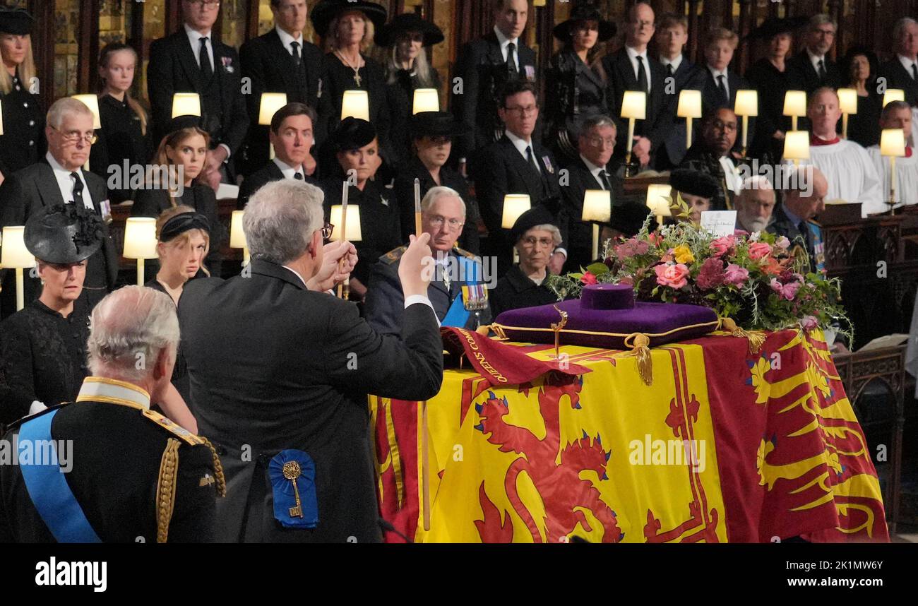 The Lord Chamberlain ceremonially breaks his Wand of Office on the(02)