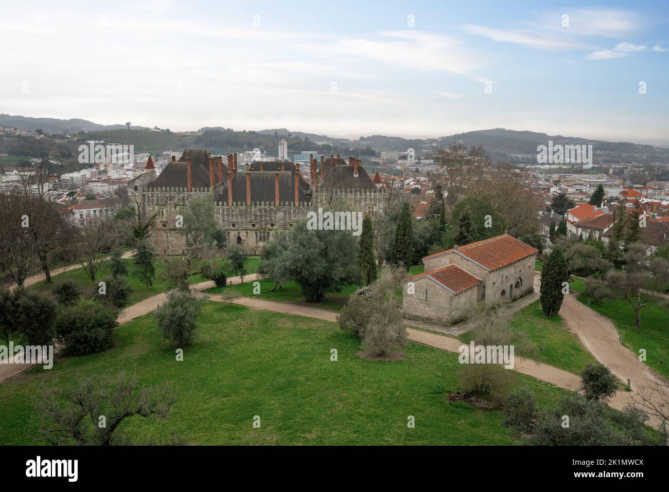 Aerial view of Sacred Hill with Palace of the Dukes of Braganza and Church of Sao Miguel do Castelo - Guimaraes, Portugal Stock Photo