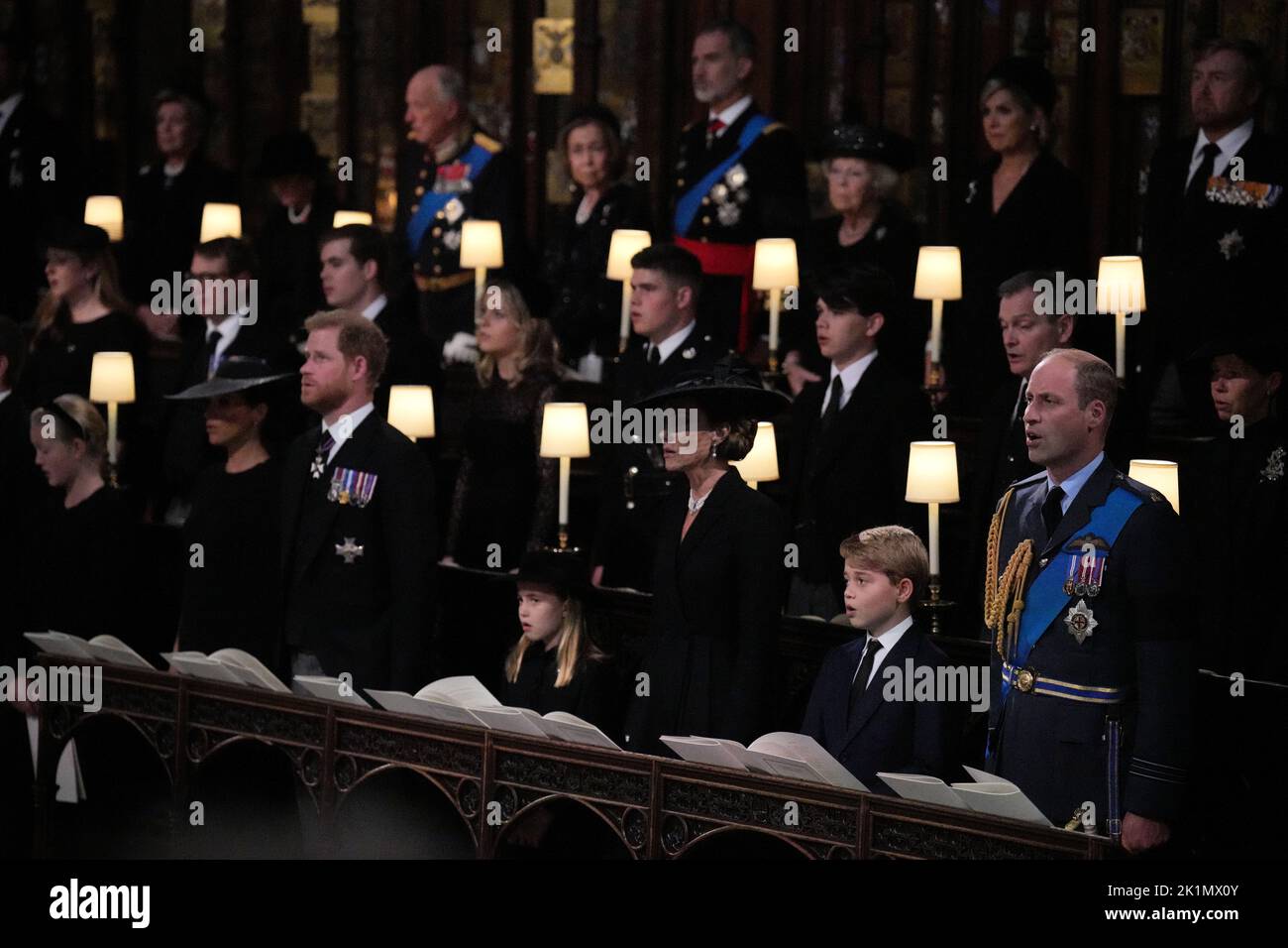 (front row, left to right) Princess Charlotte, the Princess of Wales, Prince George, and the Prince of Wales during the Committal Service for Queen Elizabeth, at St George's Chapel in Windsor Castle, Berkshire. Picture date: Monday September 19, 2022. Stock Photo